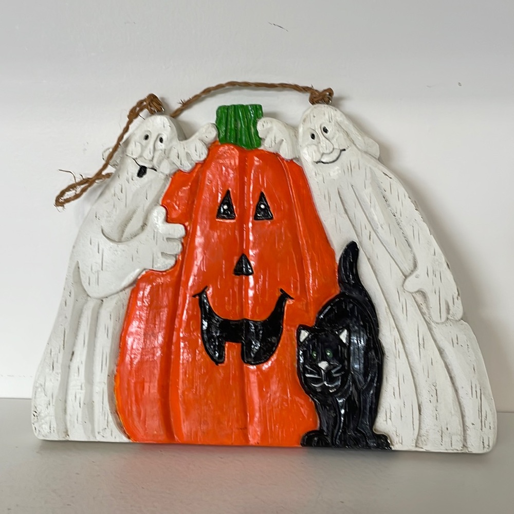 Halloween Plaque Rustic Ghosts Black Cat Pumpkin